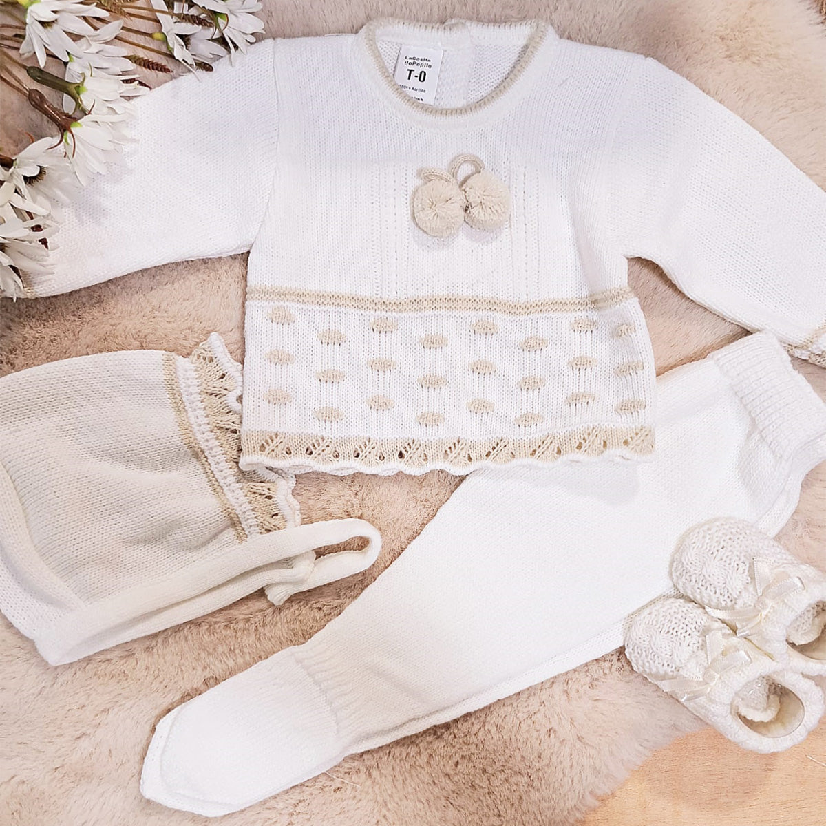 Conjunto 3 piezas blanco/arena (0 a 3 meses)