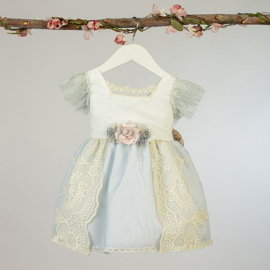 Vestido Infantil Crudo/Azul (4 a 12 años)