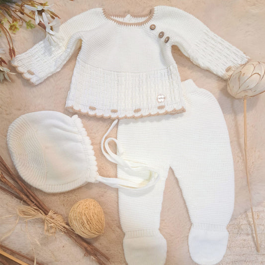 Conjunto de 3 piezas punto crudo/camel (0 a 6 meses)