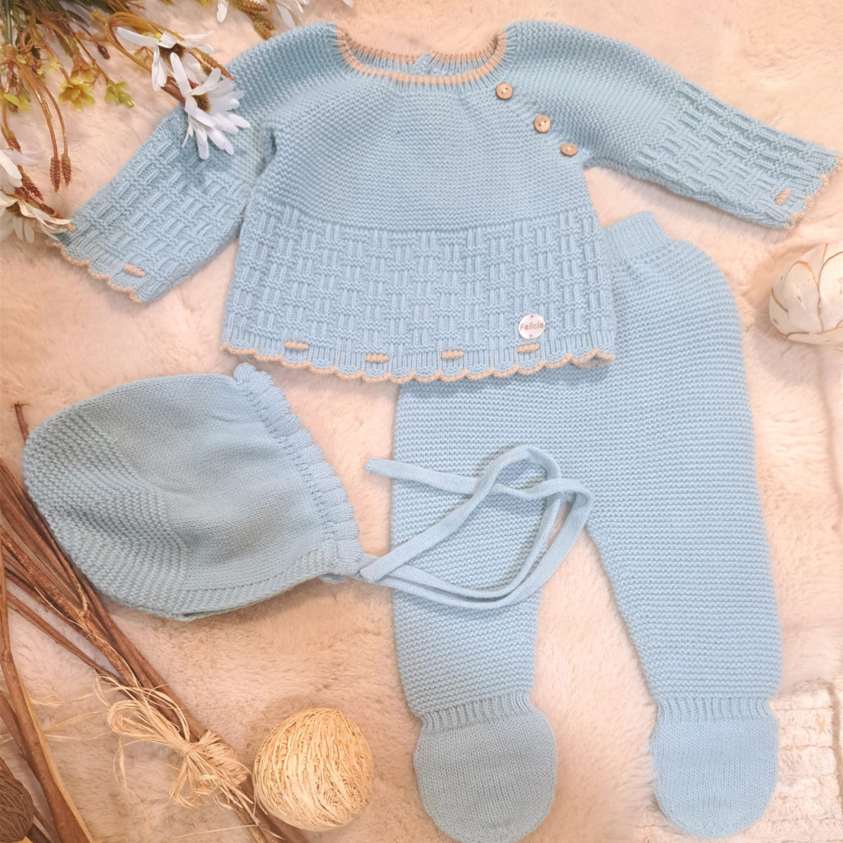Conjunto de 3 piezas punto verde manzana (0 a 6 meses)