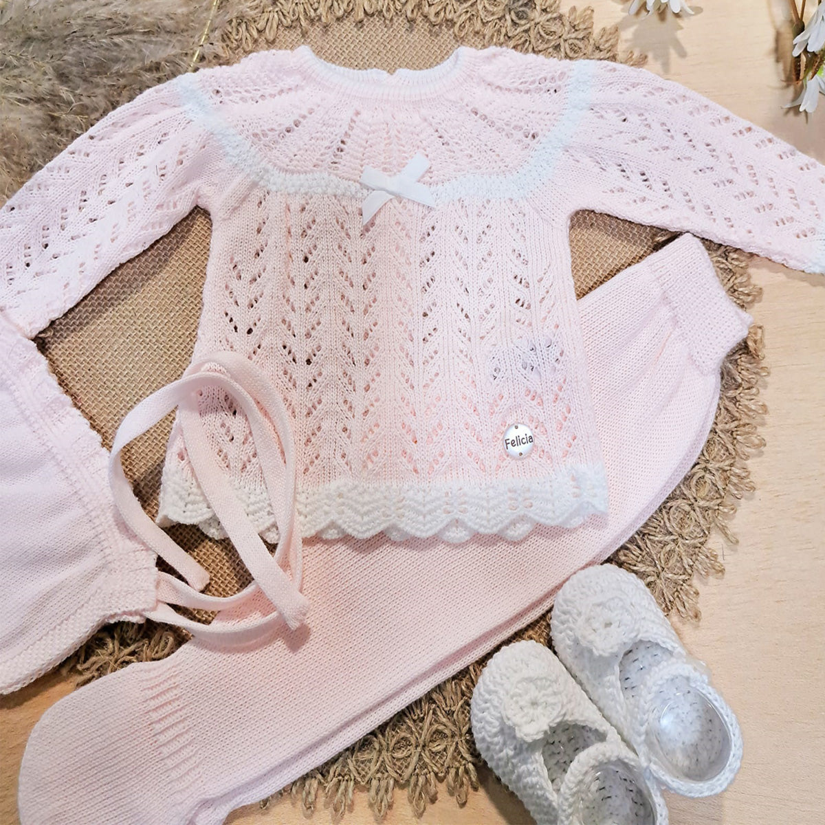 Conjunto de 3 piezas rosa en perlé Felicia (00 a 6 meses)