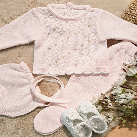 Conjunto 3 piezas rosa/crudo/blanco  (00 a 6 meses) (Copia)