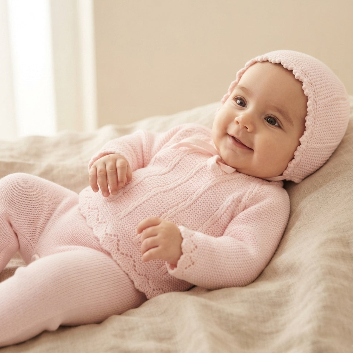 Conjunto de lana rosa (00 a 6 meses)