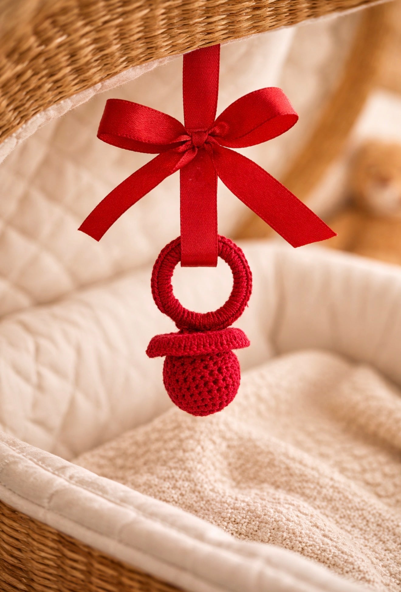 Chupete crochet rojo, amuleto para el mal de ojo
